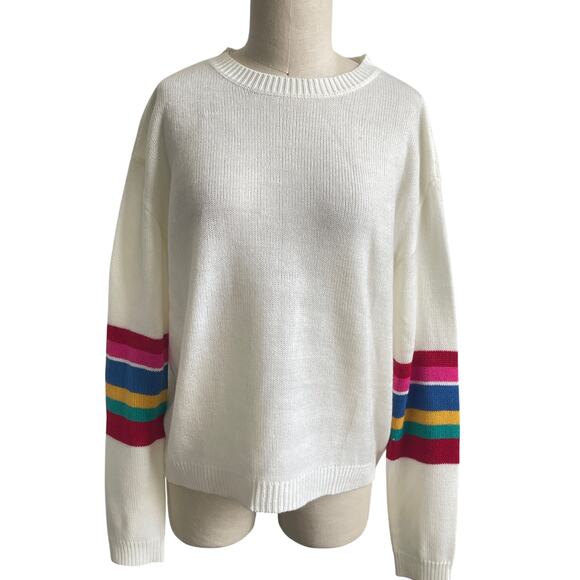 Fantastic Fawn Cream Sweater Rainbow Multi Color Striped Arms Small - Picture 1 of 5